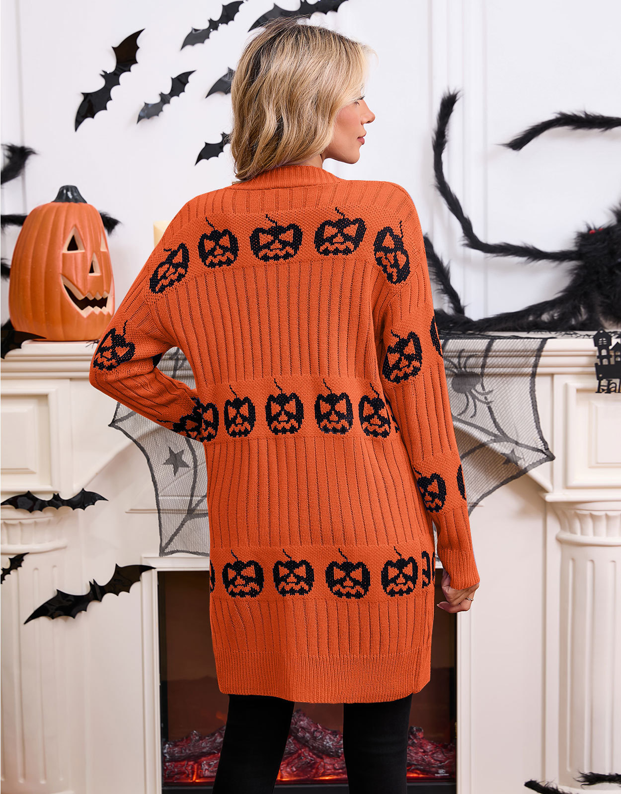 Halloween Knit Cardigan Womens Long Open Front Sweater Holiday Outerwear Coat